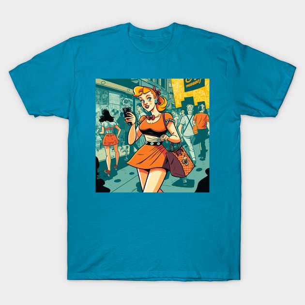 Abstract illustration of woman typing on mobile on the street T-Shirt by KOTYA